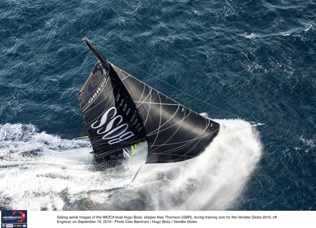 Sailing aerial images of the IMOCA boat Hugo Boss, skipper Alex Thomson (GBR), during training solo for the Vendee Globe 2016, off England, on September 16, 2016 - Photo Cleo Barnham / Hugo Boss / Vendée Globe Images aériennes de Hugo Boss, skipper Alex Thomson (GBR), lors d'une sortie d'entrainement en solo au large de l'Angleterre, le 16 Septembre 2016 - Photo Cleo Barnham / Hugo Boss / Vendée Globe